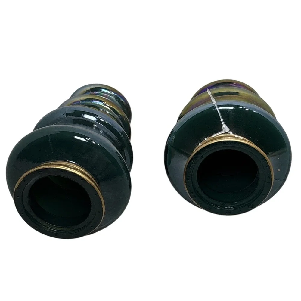 Set of 2 Iridescent Ceramic Christmas Trees Hunter Green Oil Slick Holiday Decor